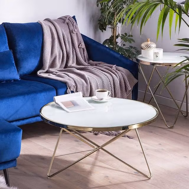 Wyld and Coco Round White Tempered Glass Coffee Table with Gold Metal Legs, Diameter: 80 cm, Height: 40 cm