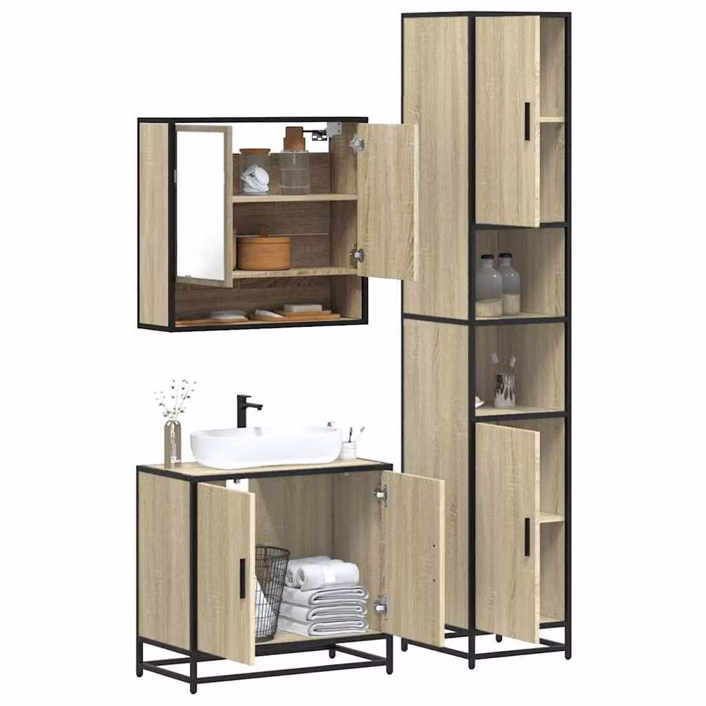 Berkfield Home 3 Piece Industrial Bathroom Furniture Set in Sonoma Oak and Beige – 2