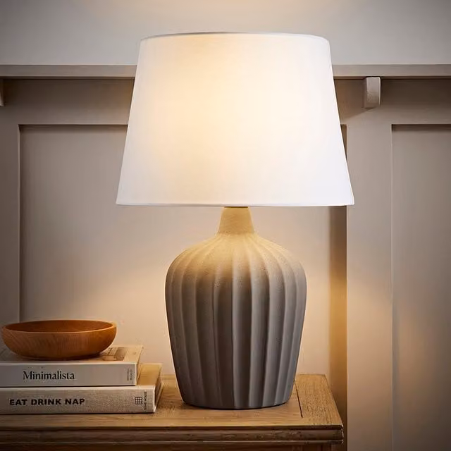 Serena Ribbed Ceramic Table Lamp with Linen Tapered Shade and LED Bulb in Grey