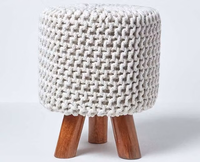 Homescapes Tall Cotton Knitted Footstool with Wood Frame in Beige/Sand