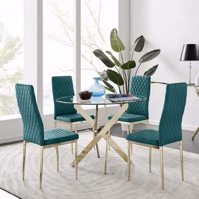 FurnitureboxUK Novara 100cm Gold Round Glass Dining Table and 4 Green Velvet Milan Chairs