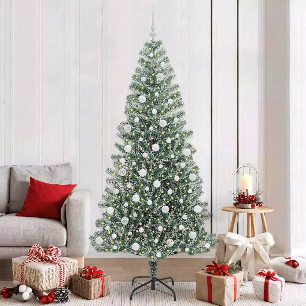 Berkfield Home Snow Flocked Artificial Christmas Tree with LED Lights, Green and White, Height: 210 cm – 2