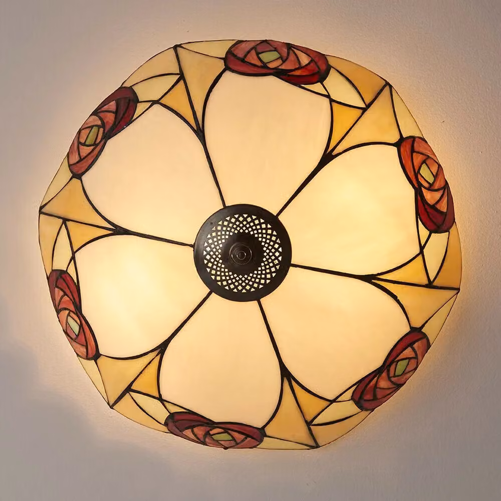 Loops Tiffany Glass Flush Ceiling Light in Mackintosh Style Rose with Dark Bronze Finish and Clear Multicolour Glass – 2