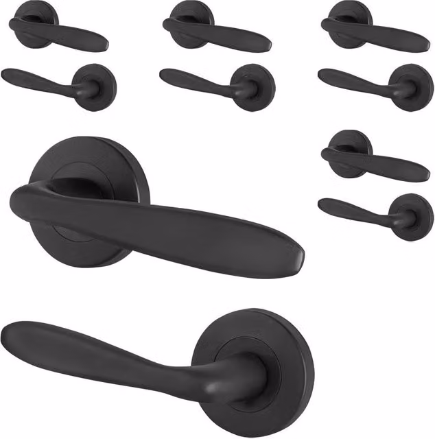 AFIT Matt Black Curved Internal Lever Door Handles with Round Rose, 5 Pairs, Size: 150 x 150 mm – 1