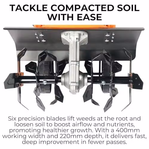 Ark Mat 1500W Electric Soil Tiller with 400mm Working Width and 220mm Depth, Orange Garden Cultivator Rotavator with 6 Steel Blades – 2