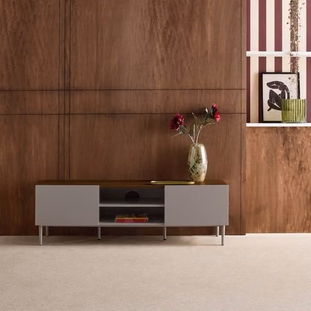 sweeek Modern Metal and Wood TV Stand with 2 Doors in Grey and Walnut, W/D/H: 140 x 40 x 44 cm