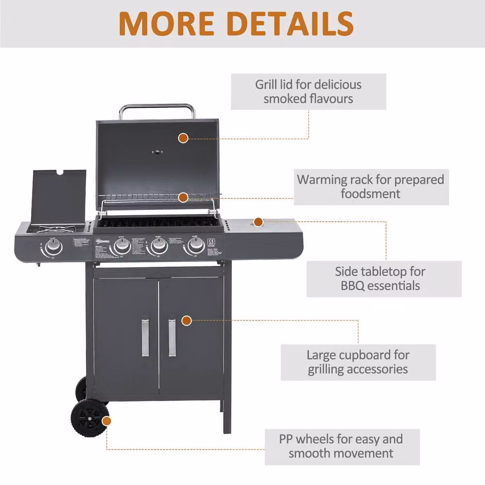 Rolipo 3+1 Burner Gas BBQ Grill Trolley with Cabinet and Side Burner in Grey – 7
