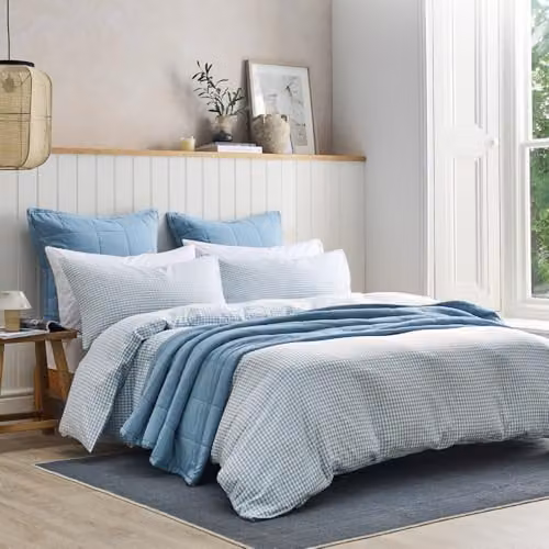 Christy Gingham Checked Cotton Duvet Set and Pillowcases in Blue, W/D/H: 230 x 220 x 180 cm (Duvet) and 50 x 75 cm (Pillowcase)