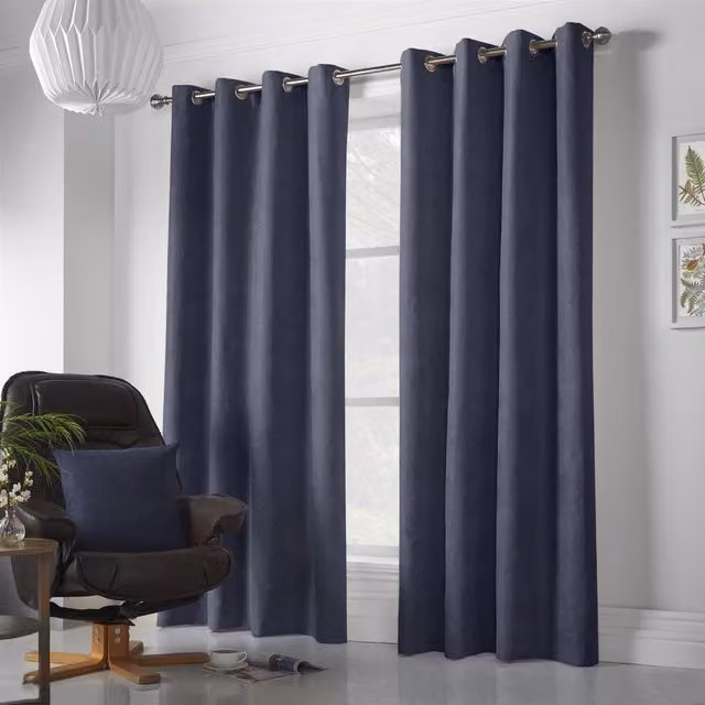 Livinluxury Blue Velvet Chenille Eyelet Ring Top Curtains, Height: 229 cm