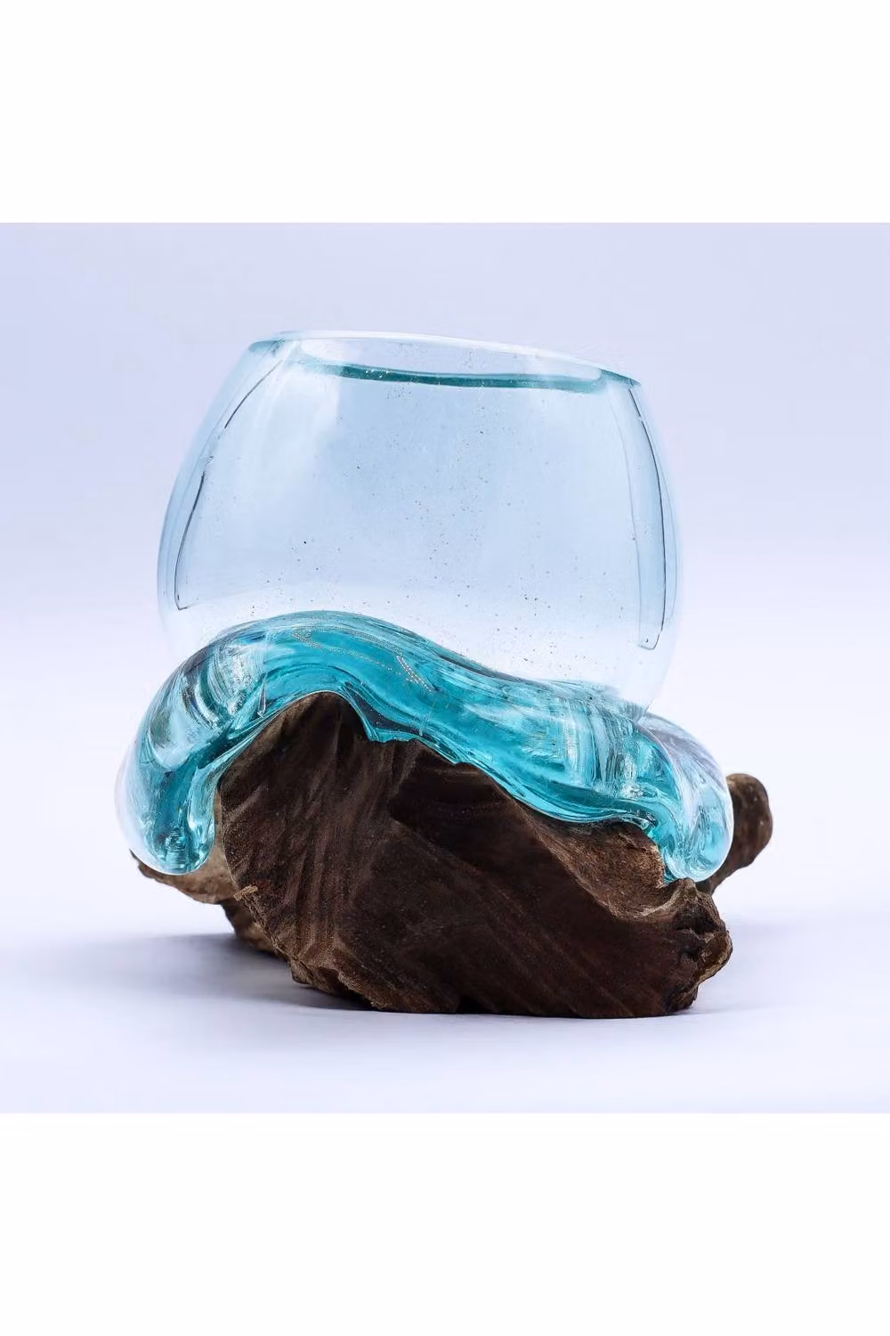 KDMD Handcrafted Molten Glass Goldfish Bowl in Turquoise and Transparent with Wood Base, Diameter: 20 cm – 2