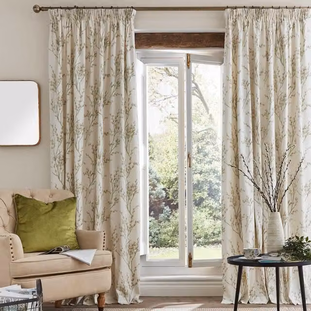 Laura Ashley Pussy Willow Ready Made Floral Cotton Curtains in Off White and Green