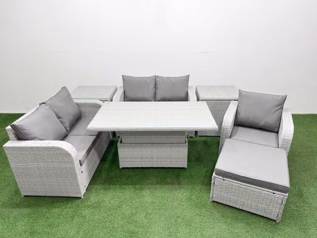 Fimous Grey Poly Rattan Garden Furniture Set with Reclining Chair, Loveseat Sofa and Adjustable Lifting Table