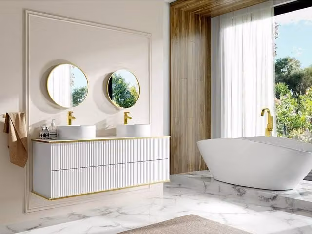 Vente-unique Suspended Grooved Bathroom Furniture with Gold Trim and Double Countertop in White, W/D/H: 150 x 47 x 54 cm