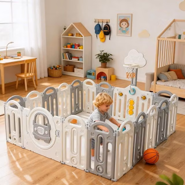 GALACTICA Foldable Configurable Baby Playpen in Grey and White, 193 cm