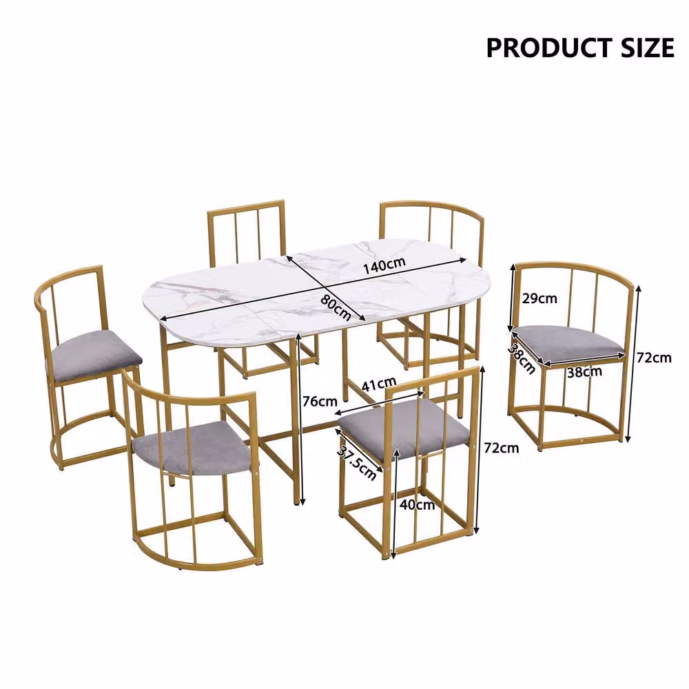 FENCHILIN Modern Dining Set with Rectangular Table and 6 Upholstered Chairs in Gold, White and Grey – 3