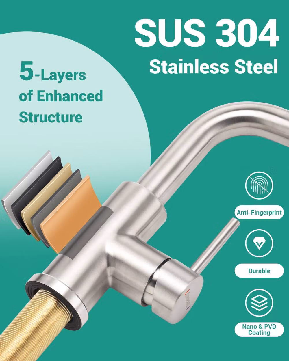 Dayone Brushed Steel Kitchen Tap with Pull Out Spray and Two Spray Functions in Silver – 4