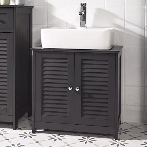 SoBuy Modern Under Sink Bathroom Cabinet with Roll Shutter and Internal Shelves, White or Grey, W/D/H: 60 x 35 x 58 cm – 2