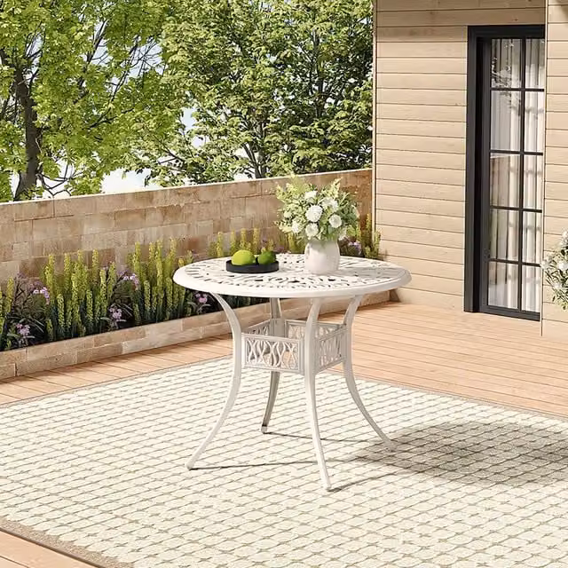 Livingandhome Vintage Metal Patio Garden Table with Umbrella Hole in Beige and White