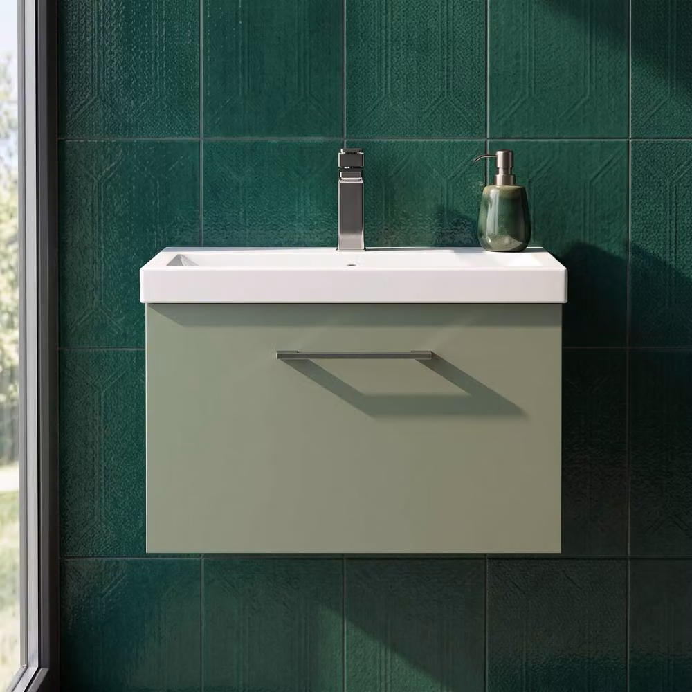 Balterley Wall Mounted Single Drawer Bathroom Vanity Unit with Basin in Matt Green, W/D/H: 61.0 x 39.0 x 39.9 cm – 5