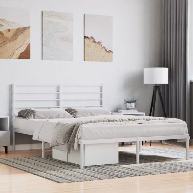 Berkfield Home Metal Bed Frame with Headboard, White, W: 140 cm, L: 200 cm – 1