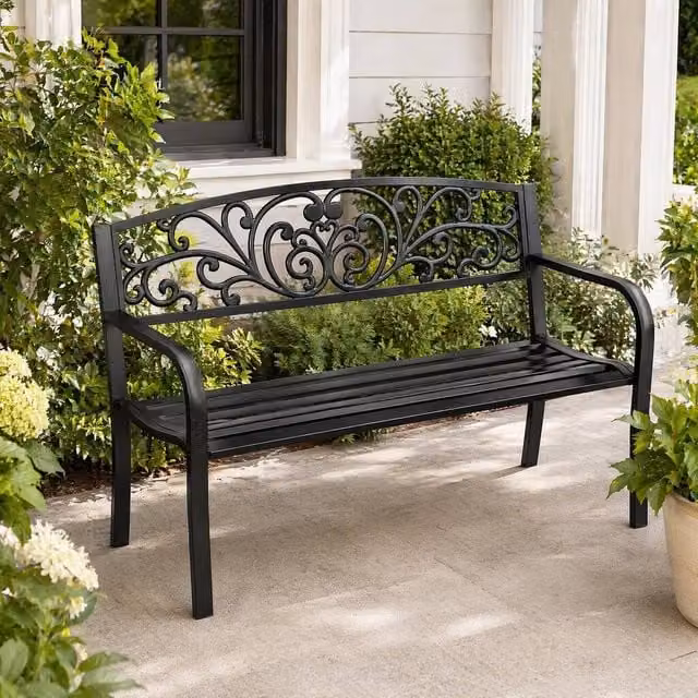 STILVORA 2 Seater Garden Bench with Floral Back in Matt Black Metal – 1