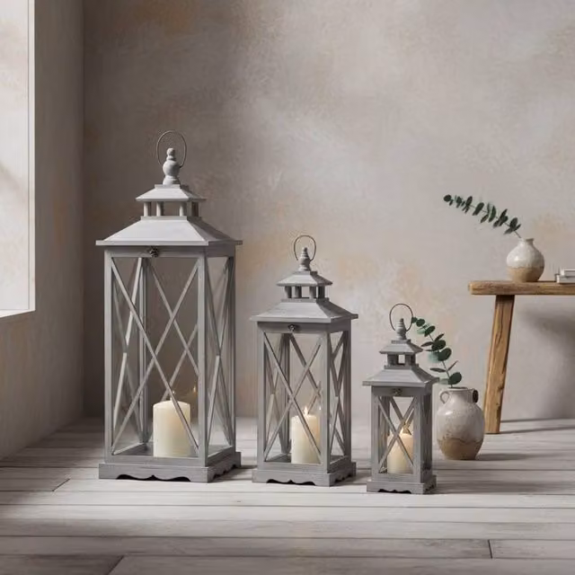 Wyld Haus Set of Three Grey Rustic Wooden Tabletop Lanterns with Glass Panels