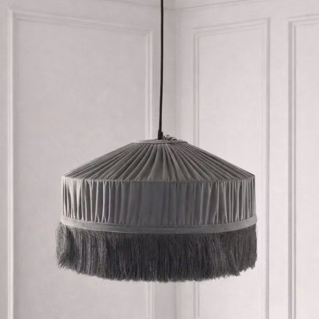 CGC Lighting Victoria Velvet Fringe Lampshade in Grey, Pleated Tassel Round Pendant Shade, Diameter: 40 cm