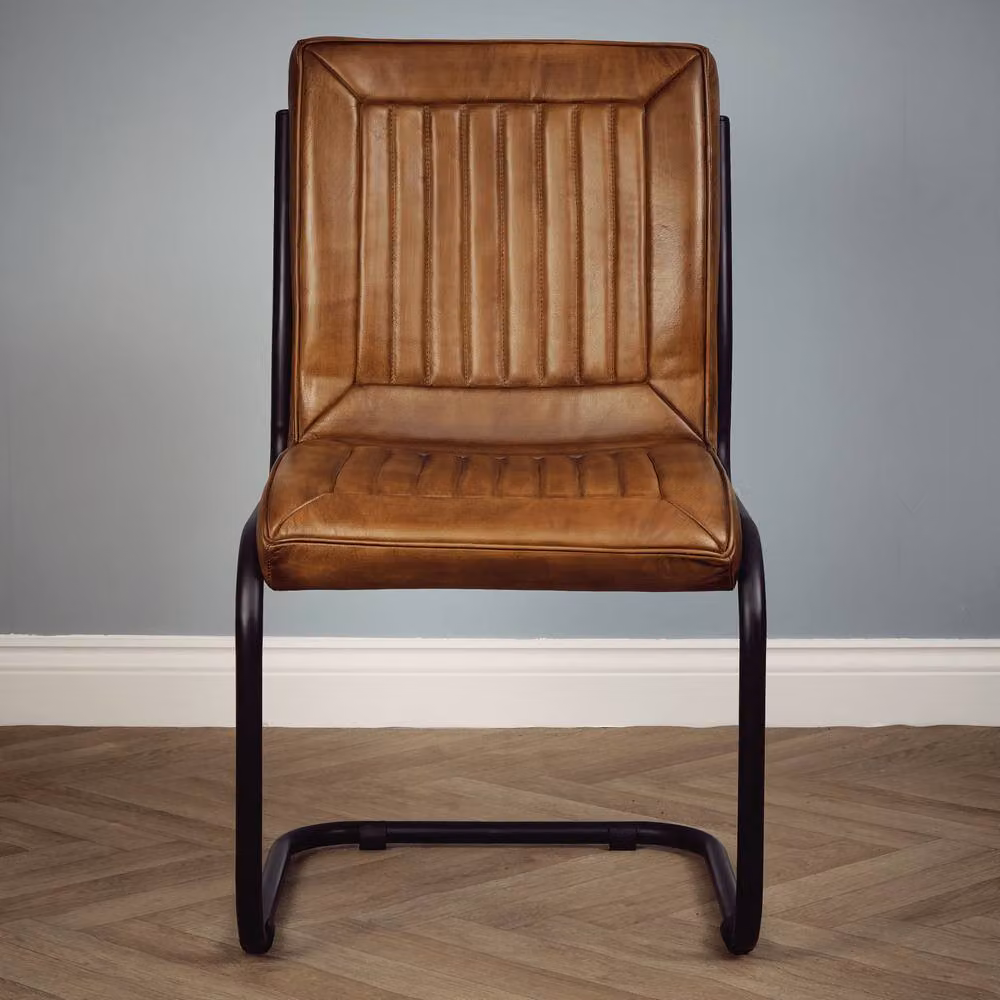 Elm Home And Garden Genuine Leather Dining Chair with Metal Frame in Tan Brown – 2