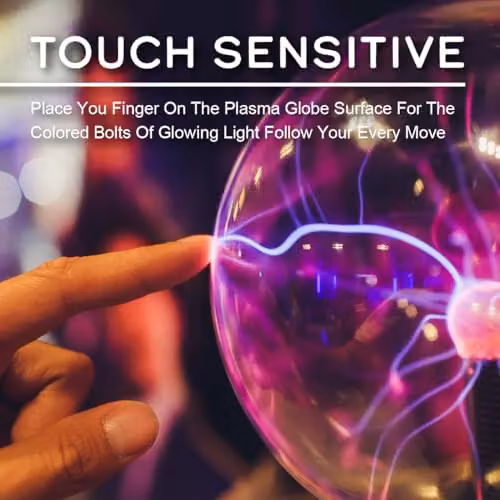 Global Gizmos 48929 5 Inch Mega Plasma Ball Night Light with Touch and Sound Activation, Multicoloured Lightning Display, USB Powered, Black – 5
