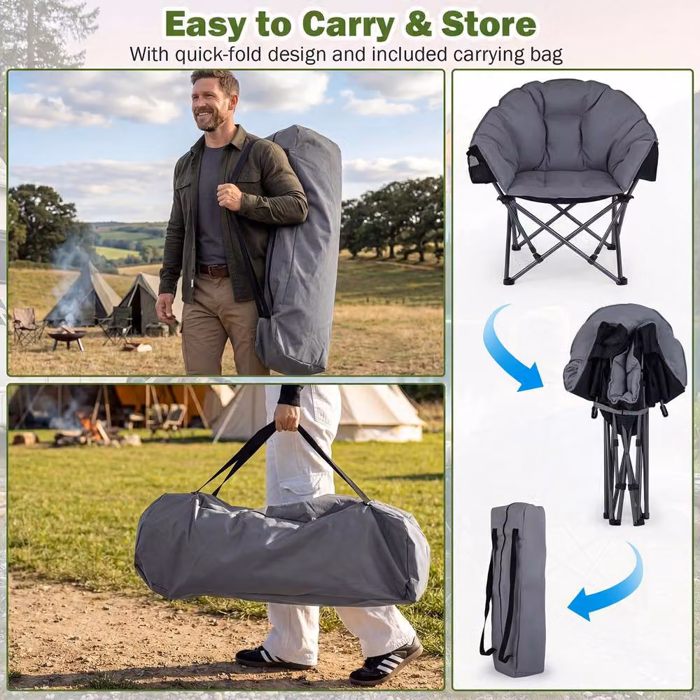 Costway Oversized Folding Camping Chair with Padded Seat and Cup Holder in Grey – 6