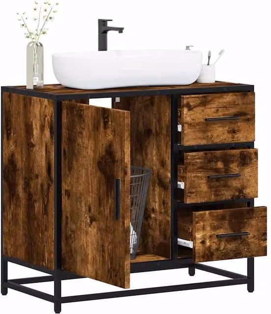 Berkfield Home Smoked Oak Bathroom Sink Cabinet in Brown, W/D/H: 65 x 33 x 60 cm