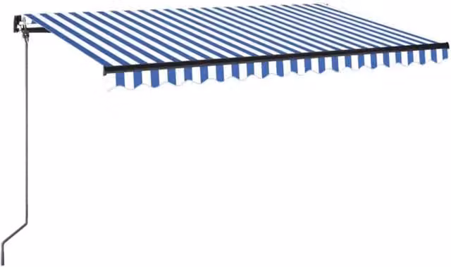 Berkfield Home Manual Retractable Folding Arm Awning in Blue and White Striped Polyester with Aluminium Frame, W: 450 cm, D: 350 cm – 1