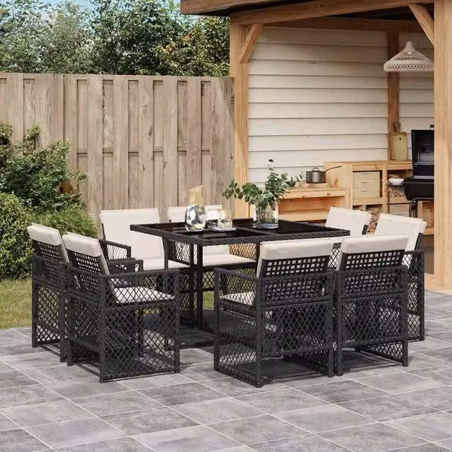 Berkfield Home 9 Piece Black Poly Rattan Garden Dining Set with Cushions – 1