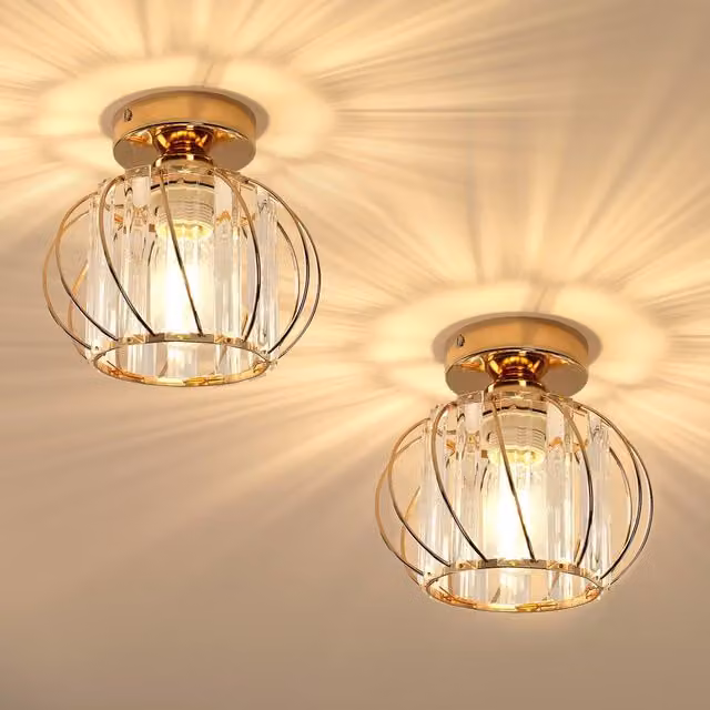 Pheashine Gold and Brass Crystal Flush Ceiling Lights, 2 Pack, E27 (Bulbs Not Included)