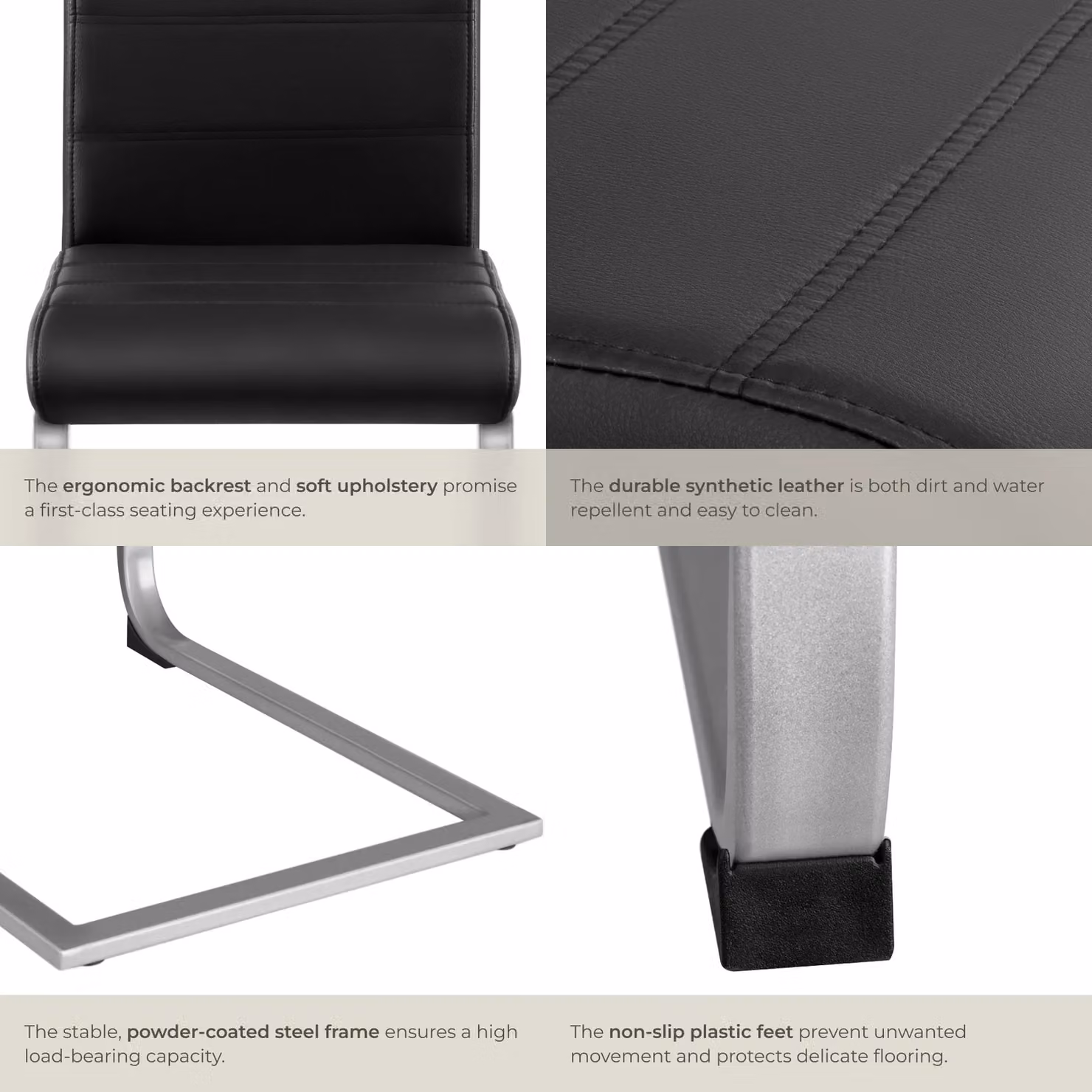 tectake Bettina Set of 2 Dining Chairs in Black Synthetic Leather with Metal Cantilever Base – 5