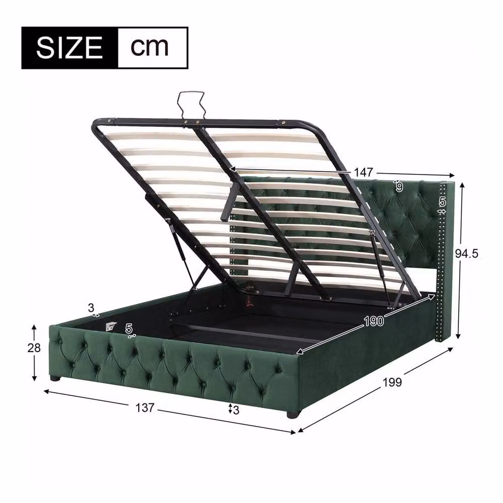 PAWNORA Green Velvet Upholstered Double Bed Frame with Gas Lift Storage, W/D/H: 140 x 200 cm – 2