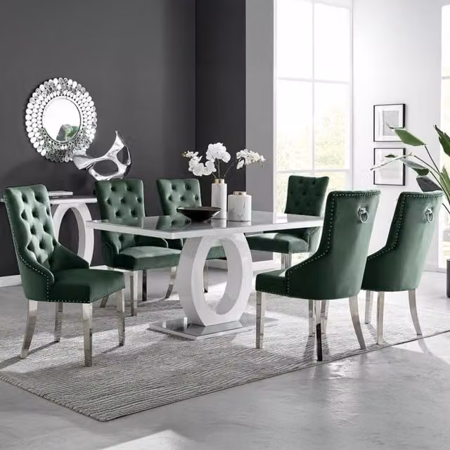 FurnitureboxUK Giovani Grey Rectangular Glass Dining Table and 6 Green Belgravia Chairs