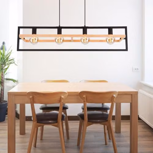 Globo Lighting Industrial Bar Pendant Light in Dark Brown Wood and Black Metal, 4x E27, L 98 x W 20 x H 150 cm – 3