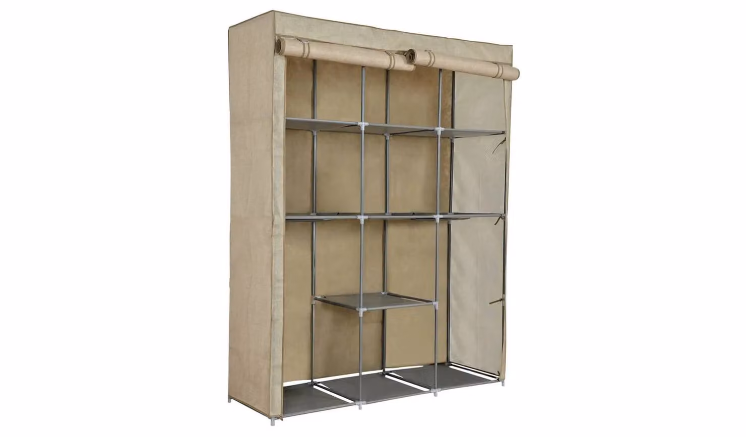 Double Modular Metal Framed Fabric Wardrobe in Jute Beige for your Bedroom, H 169 cm x W 132 cm x D 46 cm