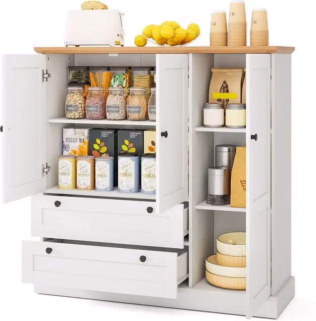 Costway Freestanding Kitchen Pantry Storage Cabinet in White with 3 Hinged Doors