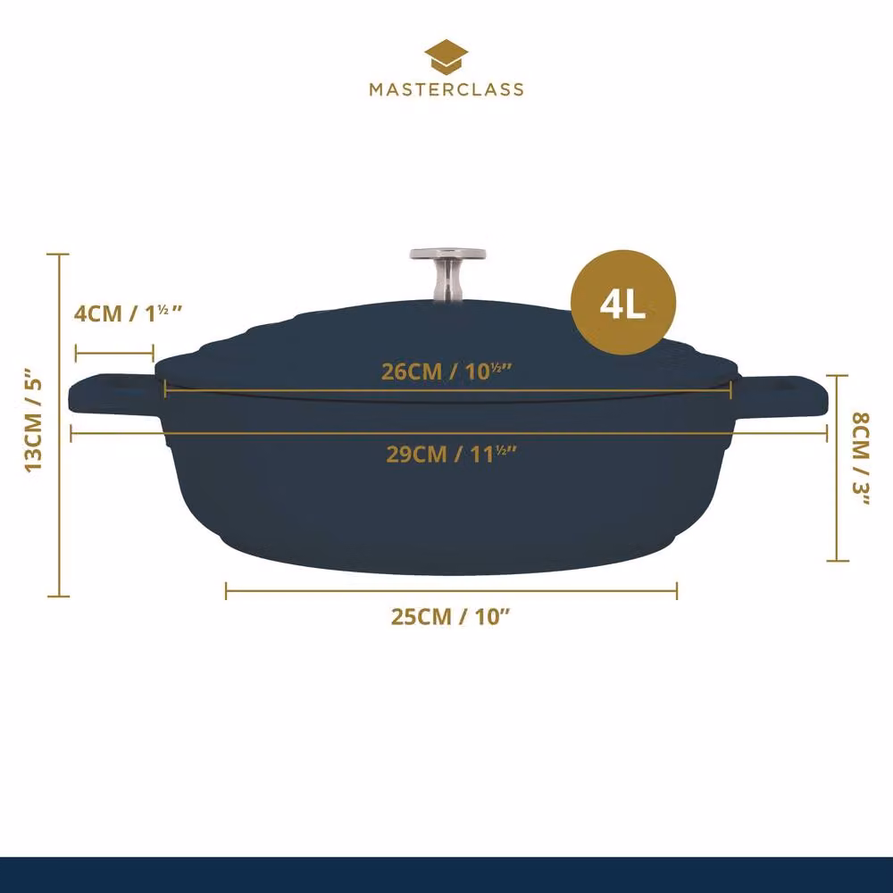 MasterClass Cast Aluminium Casserole Dish with Handle Covers, Metallic Blue, 4L – 5