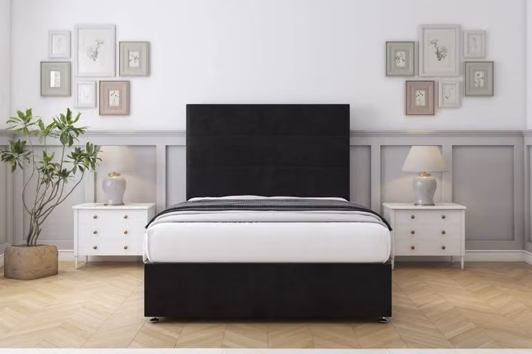 Sloomy Texas Plush Divan Set with 26 inch Headboard in Black, Small Double, W/D/H: 120 x 200 cm