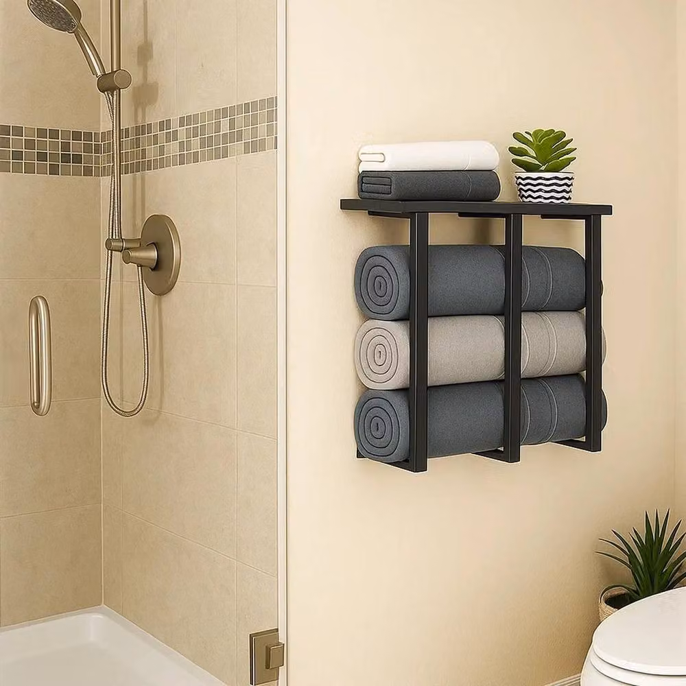 Nordara Black 3-Bar Wall Mounted Towel Rack with Shelf in Metal and Wood – 3