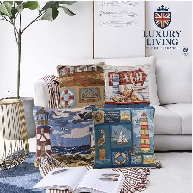 Luxor Living Nautical Graphic Velvet Cushion Set of 4, Blue, Red, Beige and Gold, W/D/H: 45 x 45 x 45 cm