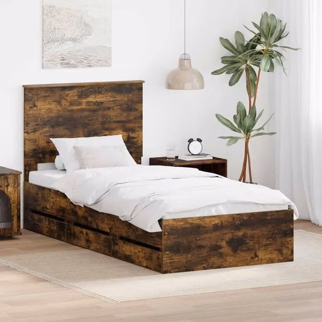 Berkfield Home Modern Bed Frame with Drawers in Smoked Oak Brown, W/D/H: 90 x 200 cm – 1