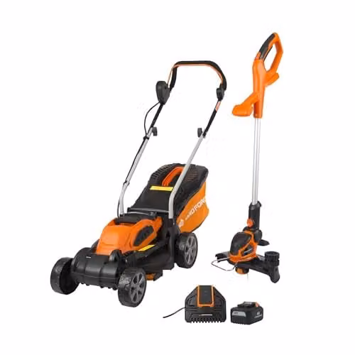 Yard Force 40V Cordless Lawn Mower and Grass Trimmer Set in Orange, featuring a 32cm Brushless Mower with Rear Roller, 30cm Strimmer, 30L Collection Bag, Battery and Charger Included – 1