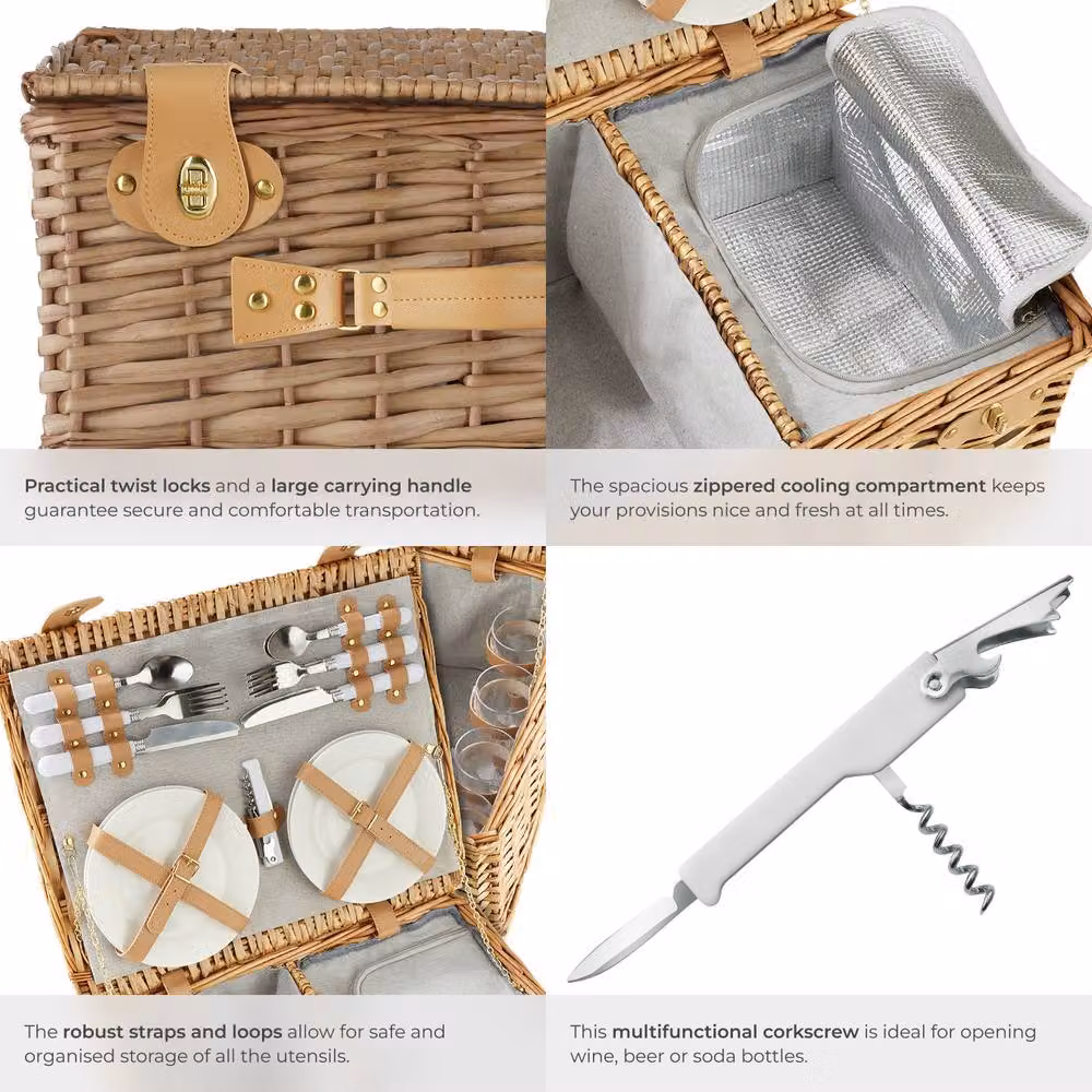 tectake Fohr Picnic Basket for 4 People with Cooler Compartment and Accessories in Brown – 4