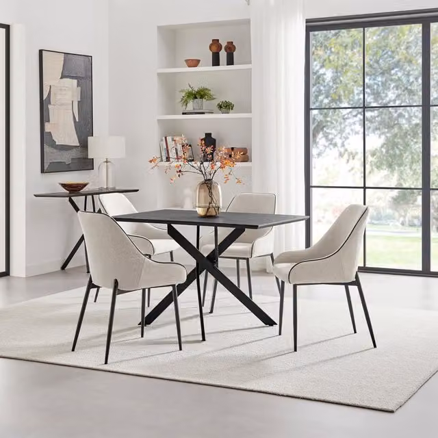 FurnitureboxUK Leonardo Black Top Dining Table and 4 Beaumont Grey Fabric Chairs in Cream