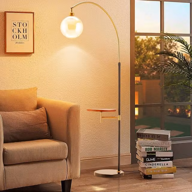 Livingandhome Adjustable Arc Modern Floor Lamp with Wood Tray in Black