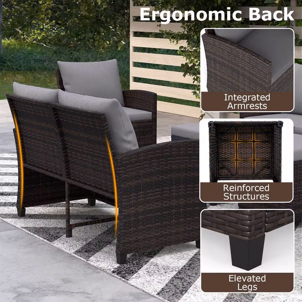 Costway 6-Piece Grey PE Wicker Rattan Patio Furniture Sectional Conversation Set – 7